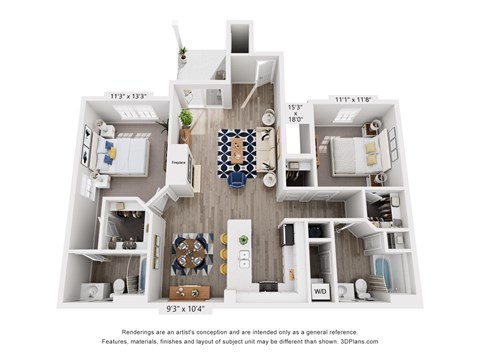 A 3D floor plan of a house with a living room, dining room, kitchen, and two bedrooms.